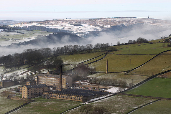 Vieiw over Atlas Mills to Stoodley Pike in winter