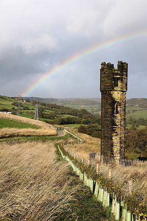 Rainbow over old tower, Shibden Valley